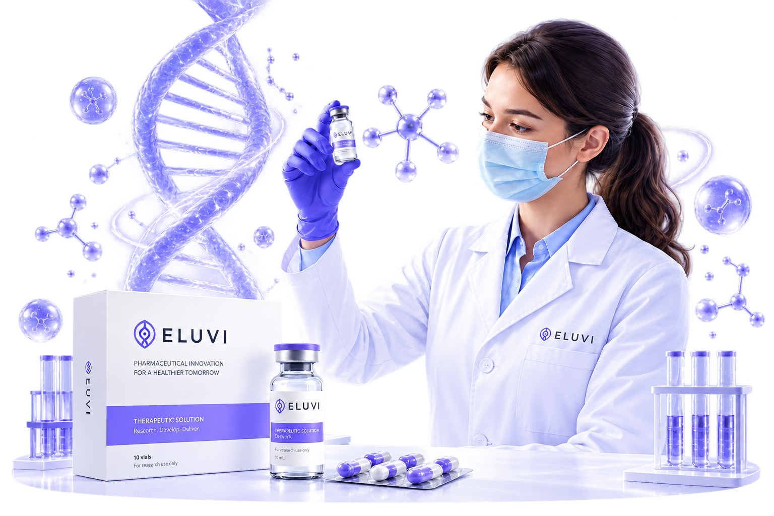 ELUVI laboratory scene with a masked specialist holding a product beside branded pharmaceutical packaging